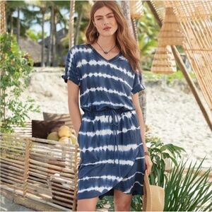 Sundance Elara Tie Dye Dress Cotton Knit Drawstring Waist In Blue Size M Petite